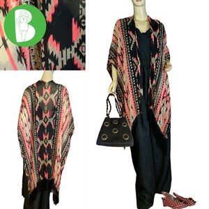 UNBRANDED FRINGE TRIM BLACK, CORAL & TAN SCARF/ SHAWL (OSFM)